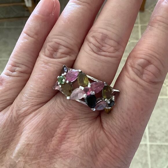 NWOT Sterling SILVER 925 MULTICOLOUR FLORAL COCKTAIL LARGE RING SIZE US 8.5 - Picture 3 of 9